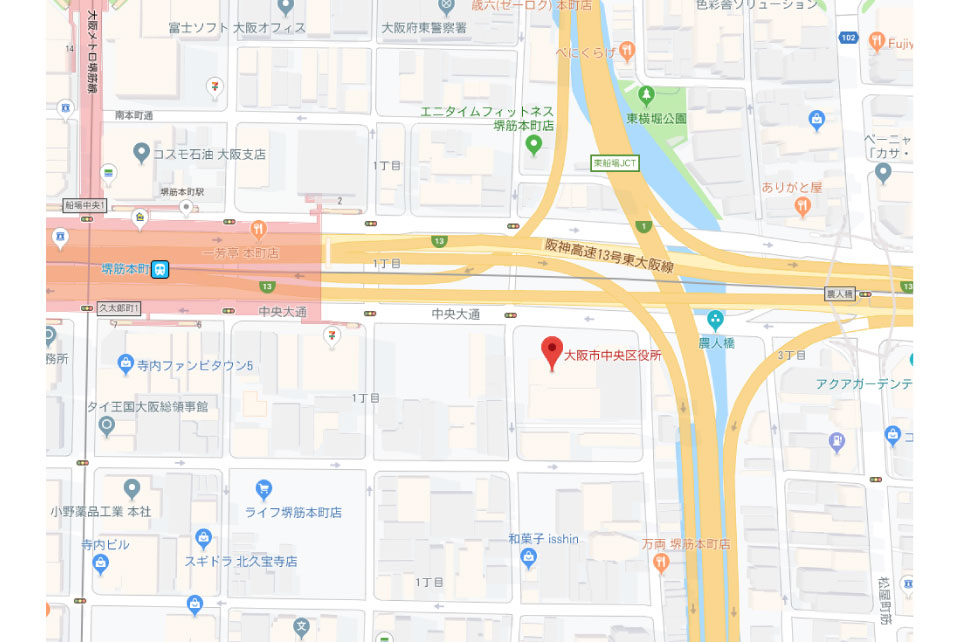 大阪市中央区区役所への地図